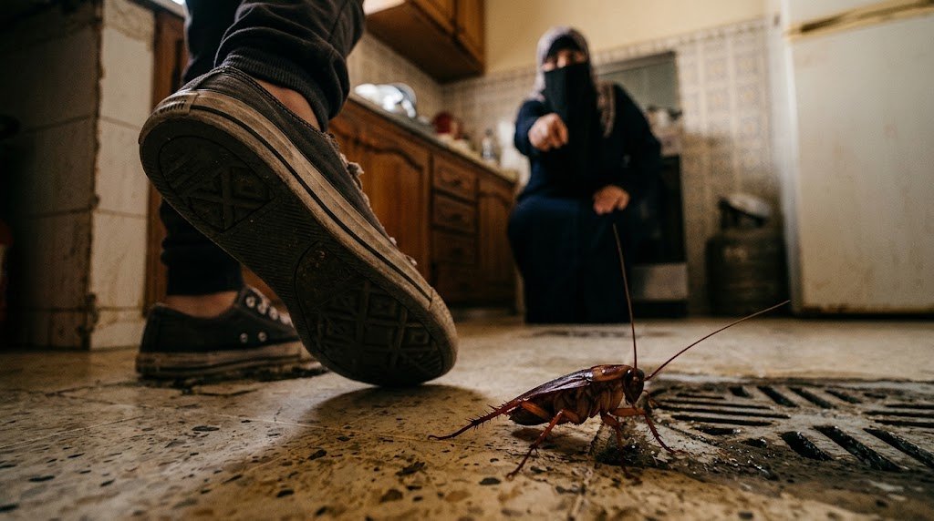 صرصور أمريكي يخرج من فتحة الصرف داخل المطبخ