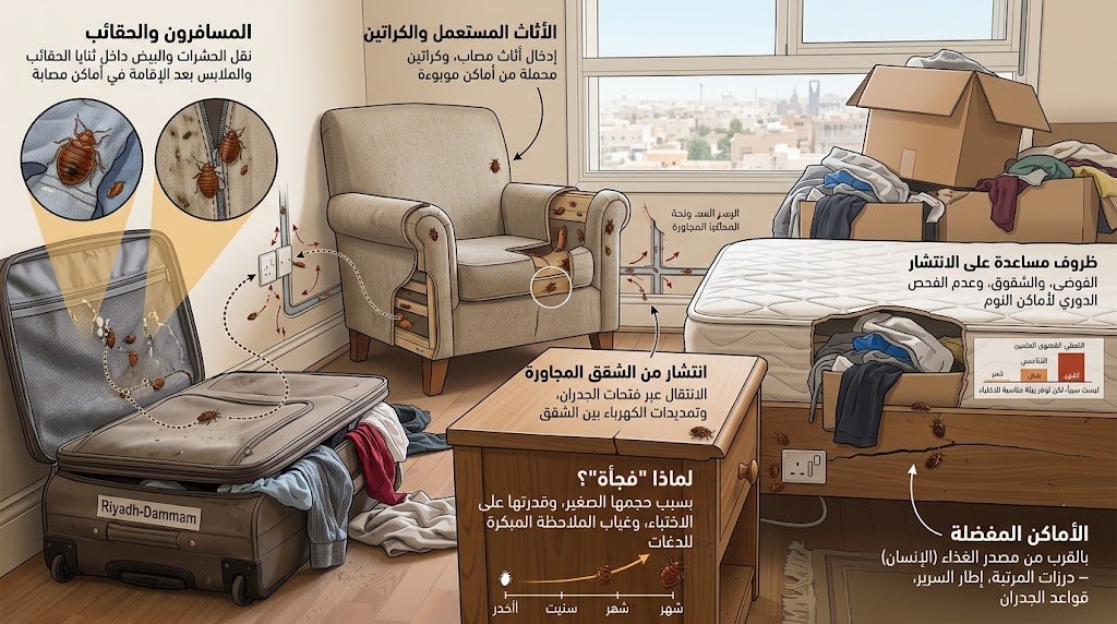 أسباب ظهور بق الفراش وانتقاله عبر الحقائب والأثاث المستعمل والشقق المجاورة