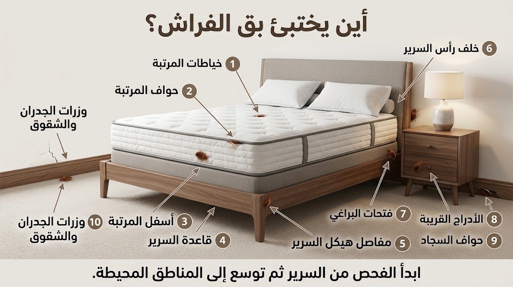 صورة توضح أهم أماكن اختباء بق الفراش حول السرير والمرتبة والأثاث والشقوق للمساعدة على اكتشاف الإصابة وفحص الغرفة.