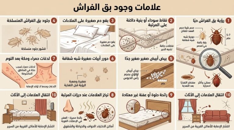 علامات وجود بق الفراش مثل البقع السوداء والدم والبيض والجلود المنسلخة واللدغات