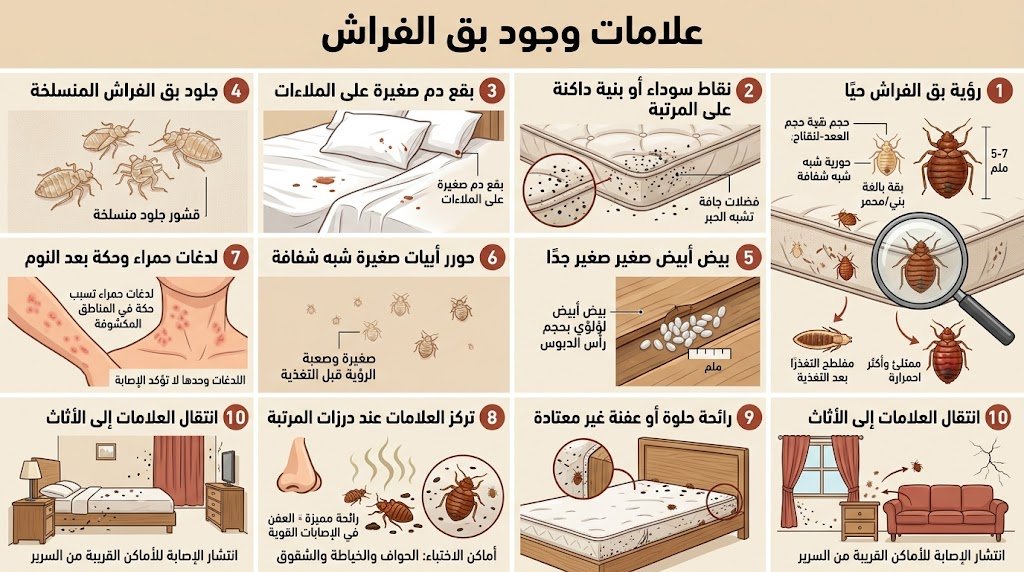 علامات وجود بق الفراش مثل البقع السوداء والدم والبيض والجلود المنسلخة واللدغات