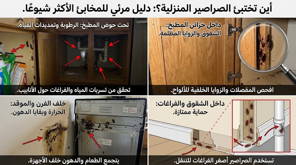 أماكن اختباء الصراصير المنزلية داخل المطبخ وحول الشقوق والأجهزة